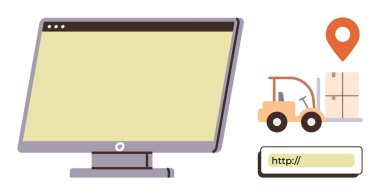 Bilgisayar ekranı, konum belirleyici, forklift taşınan kutular ve URL çubuğu vurgulama çevrimiçi nakliye sistemi. Lojistik, nakliye, tedarik zinciri, e-ticaret, dağıtım izleme dijitalleşmesi için ideal