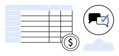 Dolar işaretli veri tablosu, çemberde işaretli sohbet balonu ve bulut simgesi. Finans, bütçe, iletişim, işbirliği, onay süreçleri, bulut hizmetleri ve ticaret için ideal
