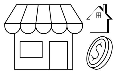 İş, gayrimenkul, perakende, ticaret, finansal işlemler, konut piyasası. Bir mağaza önü, ev taslağı ve içinde dolar sembolü olan bozuk para. İş ve emlak kavramları