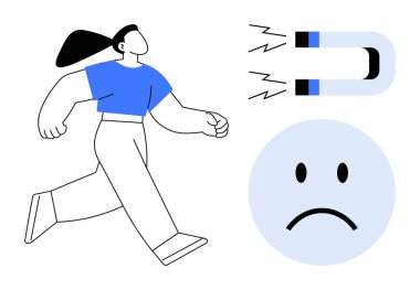 Duygusal etki kavramı. Üzgün bir yüz ve yürüyen bir kadın yakınındaki mıknatıs cazibesi. Duygusal etki fikirleri insan psikolojisini, ilişkilerini, karar verme mekanizmasını ve liderliği iletir.