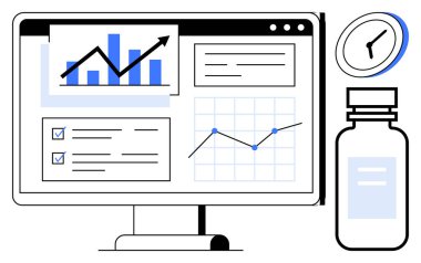 Veri analizi, sağlık hizmetleri, ilerleme takibi, tıbbi analizler, iş sezgileri, ilaç yönetimi. Grafikli bir bilgisayar ekranı, ilaç şişesi saati. Veri analizi