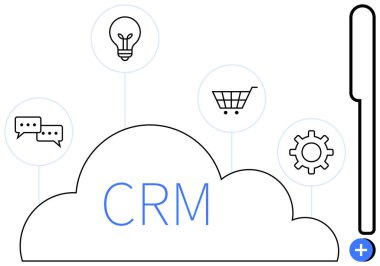 CRM konsepti. CRM çözümleri, iletişim, alışveriş ve vites simgeleri yoluyla müşteri ilişkilerini ve operasyonel verimliliği artırır. CRM ticari işlemleri, müşteri hizmetlerini, otomasyonu destekler