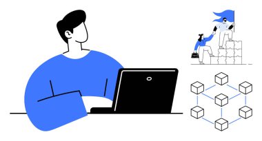 Engelleme teknolojisi, takım çalışması, dijital işbirliği, uzaktan çalışma, yenilik, problem çözme. Ekip çalışmalarına ve görsel engellere sahip bir dizüstü bilgisayar kullanan bir profesyonel. Takım çalışması ve engel zinciri