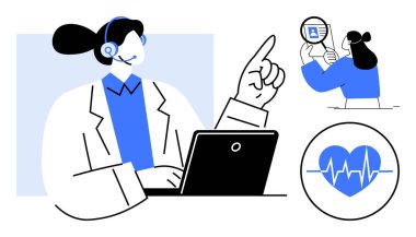 Sağlık sigortası konsepti. Sanal konsültasyonlar için teknolojiyi kullanan sağlık uzmanları. Veriler ve iletişim yoluyla hastaların izlenmesini destekleyen sağlık uygulamaları. Teletıp için