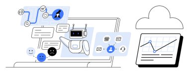 Yapay zeka sohbet robotu, bulut tabanlı analitik grafiğin yanında kullanıcı mesajları, duygusal tepkiler, dizüstü bilgisayardaki simgeler ile etkileşir. Teknoloji, iletişim, otomasyon, bulut hesaplama ve müşteri için ideal