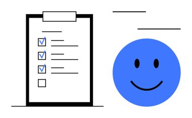 Görev tamamlama konsepti. İşaretli görevleri olan kontrol listesi ve mavi mutlu bir yüz tamamlama, başarı ve memnuniyet. Üretkenlik, hedef başarısı, planlama, iş akışı ve kişisel alanlarda görev tamamlanması