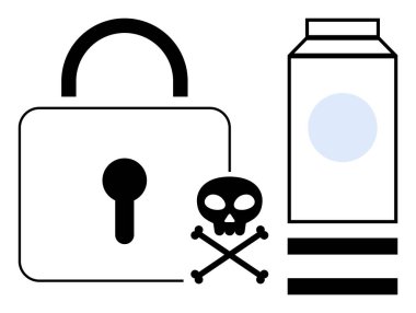 Asma kilit, çapraz kemikli kafatası ve karton güvenli koruma, tehlike ve uyarıcı tedbirleri vurguluyor. Veri koruması, sağlık tehlikesi uyarıları, güvenlik protokolleri, ürün ambalajlama riski için ideal