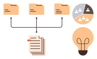 Ağ dizinleri belgeleri, takım çalışması diyagramını ve fikirleri temsil eden ampulü birbirine bağlar. İş akışı, veri örgütü, paylaşım, yaratıcılık, beyin fırtınası, takım çalışması için ideal basit düz
