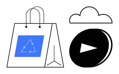 Sürdürülebilirlik, çevre dostu çözümler, dijital medya, online alışveriş, geri dönüşüm, bulut hizmetleri. Geri dönüşüm işaretli alışveriş torbası, bulut ve oyun düğmesi. Sürdürülebilirlik ve çevre dostu kavramlar