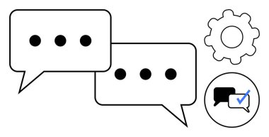 Üst üste binen konuşma baloncukları, elips, ayar takımı ve kontrol işareti simgesi. Mesajlaşma, geri bildirim, işbirliği, ayarlar, onay, iletişim ve çevrimiçi sohbet için ideal basit düz metafor