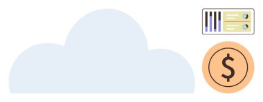 Büyük bulut, bar haritası veri kartı ve bulut hizmetlerini temsil eden dolar para ikonu, maliyet analizi, veri depolama. Bulut teknolojisi, finans, analitik, bütçe fiyatlandırma teknolojisi için ideal