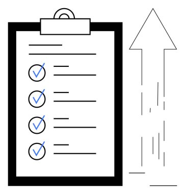 Üretkenlik, görev yönetimi, organizasyon, hedef belirleme, proje başarısı, verimlilik. Kontrol işaretleri ve yukarı doğru ok olan bir kontrol listesi. Verimlilik ve görev yönetimi kavramı