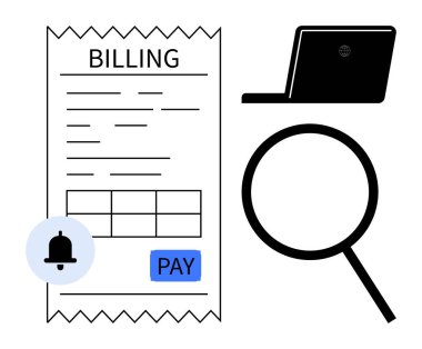 Fatura, ödeme düğmesi, çan bildirimi, dizüstü bilgisayar ve finansal inceleme için büyüteç. Çevrimiçi bankacılık, fatura, finans, analitik, ödeme işlemleri için idealdir.