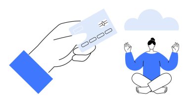 Çevrimiçi ödemeler, farkındalık, finansal teknoloji, kişisel denge, dijital işlemler, stres yönetimi. Bir meditasyon figürünün yanında kredi kartı tutuyor. Çevrimiçi ödemeler