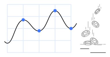 İş stratejisi, yatırım analizleri, piyasa eğilimleri, kar analizleri, finansal büyüme, tahminler. Bozuk paraların yanında çizilmiş noktalarla çizilmiş doğru grafiği. İş stratejisi ve yatırım