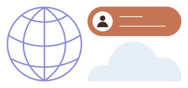 Bağlantıyı temsil eden küre, dikdörtgen arayüzde kullanıcı profili ve bulut. İletişim için ideal, küresel erişim, veri paylaşımı, teknoloji, bilgi yönetimi, siber güvenlik basit