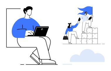 Uzaktan çalışma, takım çalışması, liderlik, problem çözme, işbirliği, hedef belirleme. Dizüstü bilgisayarı olan ve elinde bayrak tutan iki kişi. Uzak çalışma ve takım çalışması kavramları