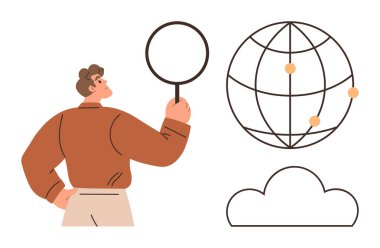 Elinde büyüteç tutan adam dünya haritası ve bulut sembolüyle küresel ağ kavramını vurguluyor. Araştırma, bağlantı, analiz, keşif, bulut hesaplama, yenilik ve takım çalışması için ideal