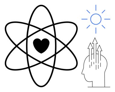 Bilim konsepti. Kalp sembolü olan bir atom ve oklu bir insan kafası, duygusal zeka ve zihinsel gelişim. Kişisel ve toplumsal gelişimi teşvik eden bilim. Eğitim ve yenilik için