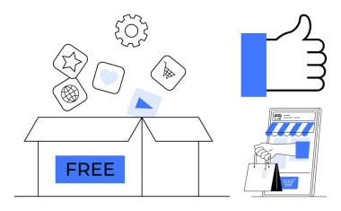 Bedava ürün konsepti. Simgeler, alışveriş sepeti ve dijital arayüzün ana teması kadar özgür. Ücretsiz uygulamalar, çevrimiçi alımlar, dijital pazarlama, e-ticaret yardımları, kullanıcı