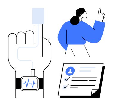 Tıbbi sensörlü parmak, kalp atışlarını takip eden akıllı seğirme, kadın işaret ediyor, profil verili belge. Sağlık takibi, fitness, tıbbi bakım, teknoloji, veri yönetimi sağlık hizmetleri için ideal