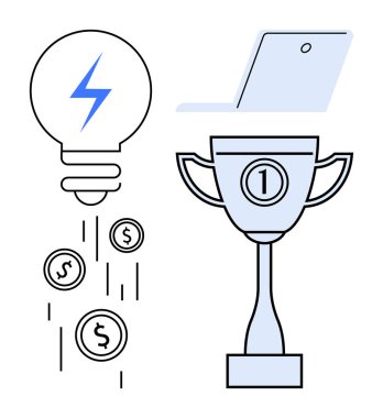 Yenilik kavramı. Yenilik finansal büyümeyi tetikliyor ve başarıyı yönlendiriyor. Ampul, sikke, dizüstü bilgisayar ve yaratıcılık, iş dünyası, teknoloji, liderlik hedeflerine sahip yenilik