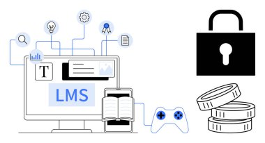 Eğitim teknolojisi, gamifikasyon, e-öğrenme, siber güvenlik, veri koruması, dijital aletler. Metinli masaüstü LMS ekranı, grafikler açık kitap. Eğitim teknolojisi ve Gamification konsepti
