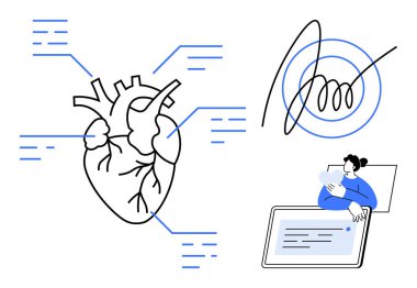 Tıbbi teknoloji konsepti. İnsan kalp diyagramı ve veri çizgileriyle tıbbi araştırmalar. Tıbbi teknolojiler sağlık hizmetleri, tanı ve araştırmalar için kullanılıyor. Teletıp ve kardiyoloji için.