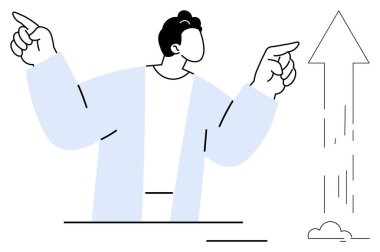 İş büyümesi, yenilik, başarı, hedef başarı, liderlik, ilerleme. Yukarı doğru giden bir oku işaret eden bir kişinin minimalist çizimi. İş büyümesi ve yenilik ilerleme ve liderlik