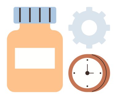İlaç şişesi, vites ve saat zaman yönetimi, verimlilik ve sağlığı vurguluyor. Sağlık, sağlık, ilaç zamanlaması, verimlilik planlama optimizasyonu için ideal basit düz metafor