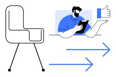 Ofis tasarımı, kullanıcı geribildirimi, iş üretkenliği, modern iletişim, karar verme, dijital iş akışı. Minimalist sandalye, pano başparmakları olan ikon okları olan kişi. Ofis tasarımı ve kullanıcı