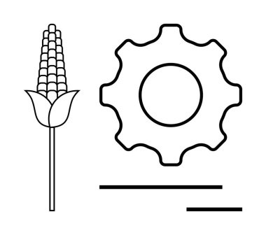 Tarım, tarım süreçleri, yenilik, sürdürülebilir uygulamalar, teknik gelişim, gıda üretimi. Bir mısır bitkisi ve dişli sembolü yan yana. Tarım ve yenilik kavramı