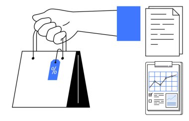 Perakende satış, iş analizi, satış performansı, e-ticaret, pazarlama stratejisi, finansal planlama. İndirim etiketli bir çanta, belgeler ve satış verilerini gösteren bir pano tutan bir el. Perakende