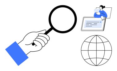 Araştırma konsepti. Büyüteç, araştırma ve küresel alanda yapılan araştırmaları vurguluyor. Araştırmalar dünya çapında insanları birbirine bağlıyor ve teknoloji, eğitim ve keşifleri birleştiriyor. Eğitim ve araştırma için.