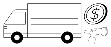 Lojistik, finansal planlama, ulaşım hizmetleri, dağıtım işi, gelecek vizyonu, ekonomi. Bir kamyon, dolar işareti ve teleskoplu bir el. Lojistik ve finansal planlama kavramları