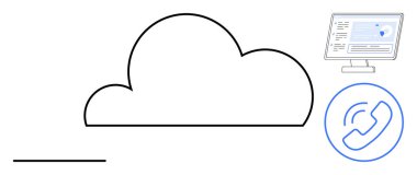 Bulut hesaplama, çevrimiçi iletişim, veri depolama, siber güvenlik, yazılım yönetimi, bilgi sistemleri. Minimalist bulut, bilgisayar ekranı ve telefon simgesi. Bulut hesaplama ve çevrimiçi