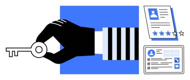 Profesyonel profil, derecelendirme kağıdı ve kimlik kartı, güvenlik ve fırsat temalarının yanında el ele tutuşmanın anahtarı. İşe alım, işe alım, iş erişimi, veri koruma doğrulaması için ideal