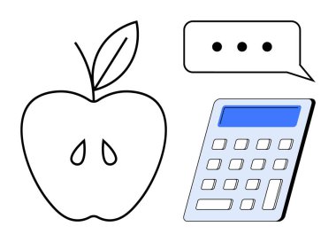 Eğitim, iletişim, finans, hesaplama, sağlıklı beslenme, soyut sanat. Apple taslağı, mavi ekranlı hesap makinesi ve elipsli konuşma balonu. Eğitim ve iletişim