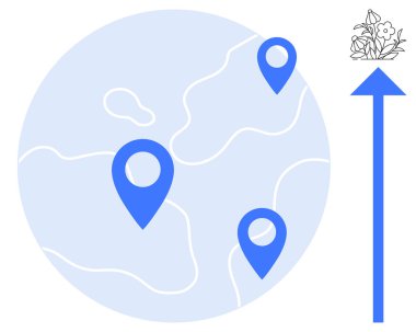 Navigasyon, küresel genişleme, iş büyümesi, haritalama, konum hizmetleri, seyahat. Harita konum işaretleri olan bir küre ve çiçekli yukarı doğru bir ok. Navigasyon ve küresel genişleme kavramları