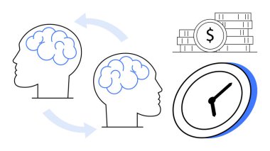 Zaman yönetimi, verimlilik, finansal planlama, karar verme süreci, bilişsel süreçler, iş stratejisi. Düşünen iki insan profili, saat ve birikmiş paralar. Zaman yönetimi ve verimlilik