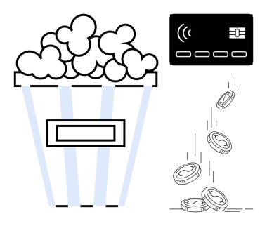 Eğlence, çevrimiçi ödemeler, sinema, nakitsiz işlemler, e-ticaret, yayın hizmetleri. Patlamış mısır, temassız kredi kartı dökülen paralar. Eğlence ve çevrimiçi ödeme kavramı