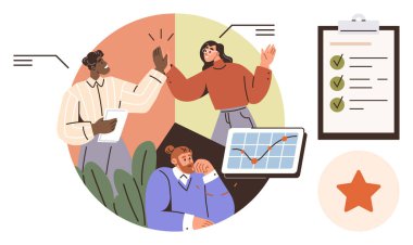 Profesyoneller performans verilerini grafiklerle, etkileşimle, başarıyı kutlamayla, görev listeleriyle gözden geçiriyorlar. Takım çalışması, iş başarısı, proje yönetimi, üretkenlik, iletişim için ideal