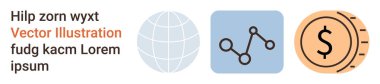 Veri görselleştirme, iş stratejisi, finans analizleri, küresel iletişim, piyasa eğilimleri, yatırım büyümesi. Simgeler arasında bir küre, grafik ve para var. Küresel iletişim ve finans analizleri