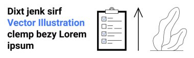 Görev yönetimi, proje planlaması, verimlilik, organizasyon, iş hedefleri, iş akışı. Yukarı doğru ok ve soyut bitkinin yanında kontrol listesi olan bir pano. Görev yönetimi ve proje planlaması