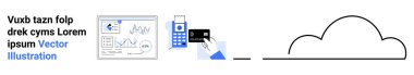 Bulut hesaplama, finans, veri analizleri, dijital ödemeler, çevrimiçi işlemler, modern depolama. Veri grafikleri, ödeme terminali, kredi kartı ve bulut taslağı. Bulut hesaplama ve finans