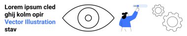 Gözlem, teknoloji, yenilik, araştırma, vizyon, analiz. Minimalist tasarım bir göz ikonu gösteriyor, büyüteç ve vitesli bir insan. Gözlem ve teknoloji kavramı