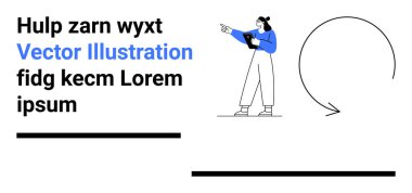 Tablet tutan bir kadın, kavramı vurgulamak için dairesel bir oku işaret ediyor. Takım çalışması için ideal, strateji, yön, rehberlik, açıklama, analiz, basit iniş sayfası