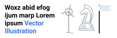 Yenilenebilir enerji, sürdürülebilirlik, stratejik düşünce, yeşil yenilik, kurumsal kimlik, yaratıcı kavramlar. Satranç şövalyesi, rüzgar türbini ve beyaz arka planda mavi bayrak. Yenilenebilir enerji