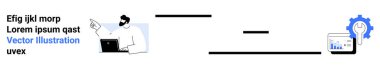 İş akışı otomasyonu, proje yönetimi, iş stratejisi, veri analizi, teknoloji, verimlilik. Bir dizüstü bilgisayar ve analitik dişli ikonu ile çalışan kişi. Çalışma akışı otomasyonu ve proje yönetimi