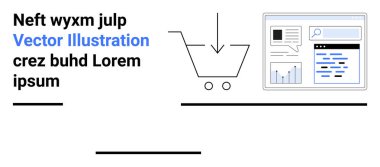 E-ticaret, online alışveriş, veri analizi, dijital pazarlama, finans, web sitesi arayüzleri. Alışveriş arabasının ve web arayüzünün minimalist grafiği. E-ticaret ve online alışveriş
